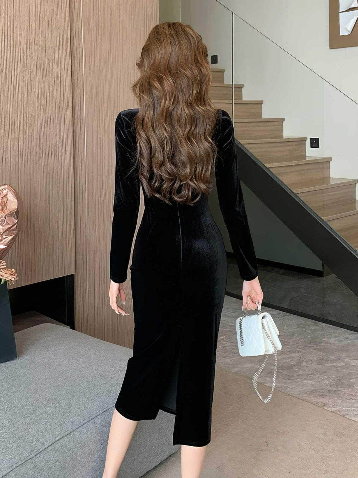 Paneled Long Sleeve Bodycon Midi Dress