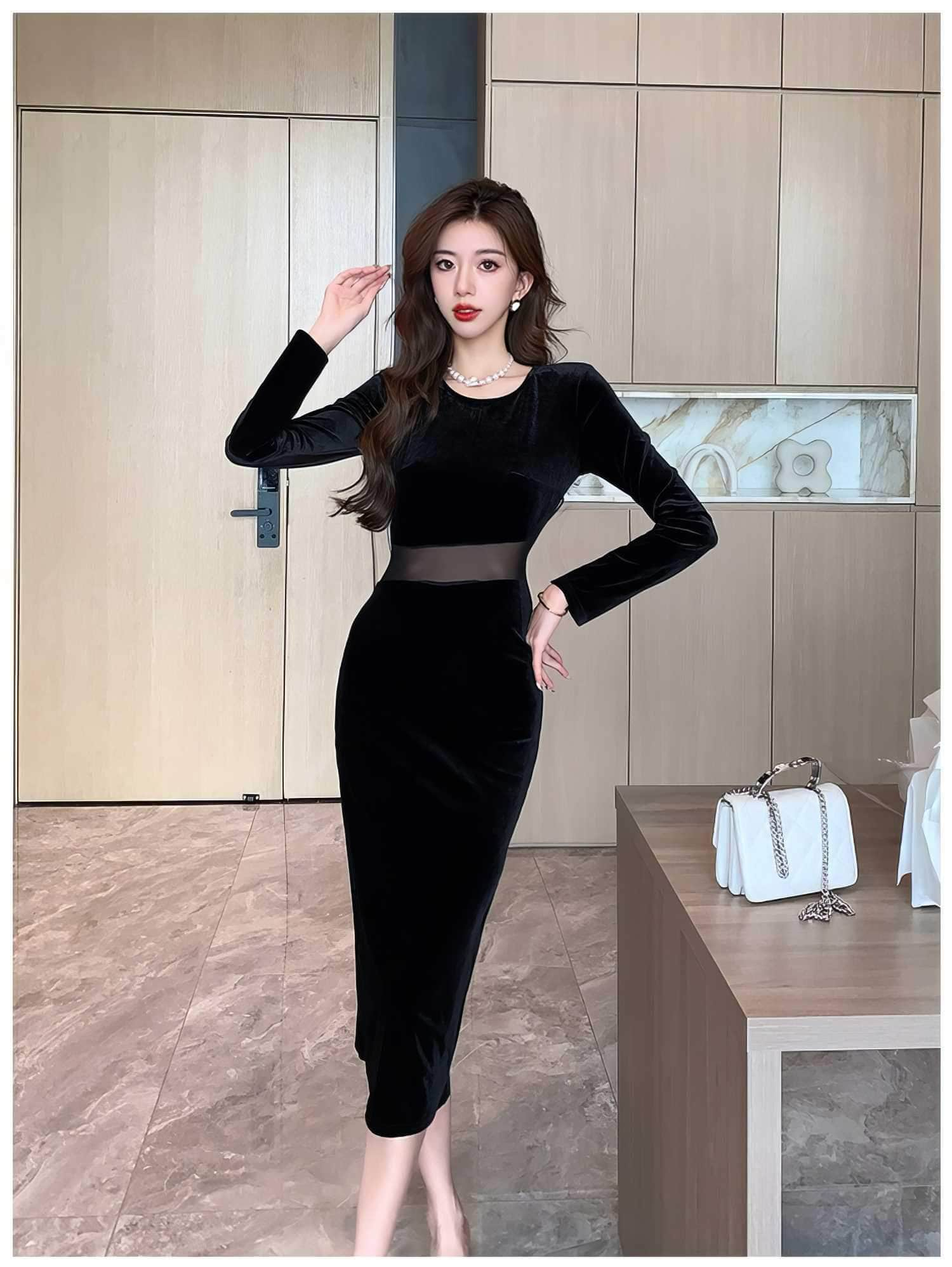 Paneled Long Sleeve Bodycon Midi Dress