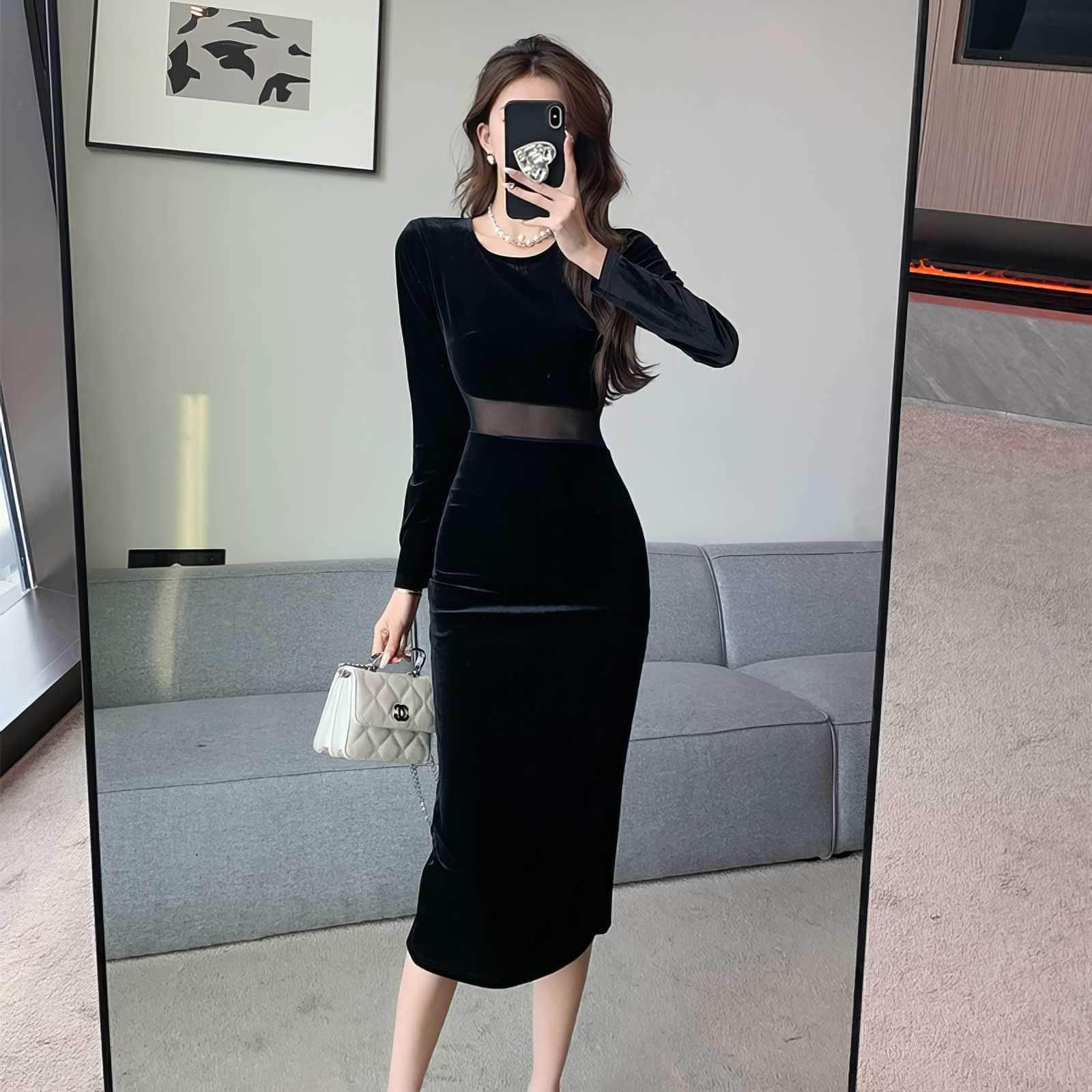 Paneled Long Sleeve Bodycon Midi Dress