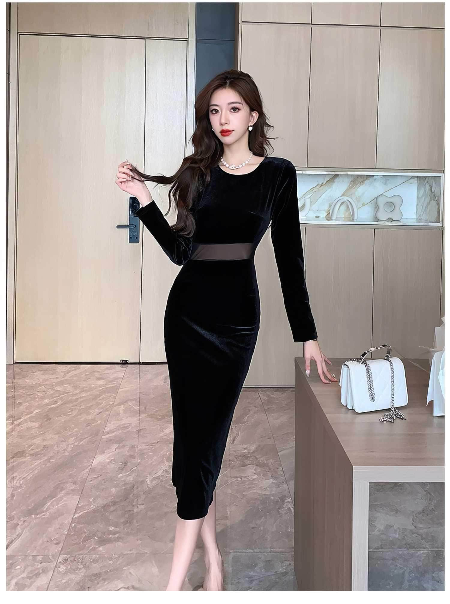 Paneled Long Sleeve Bodycon Midi Dress