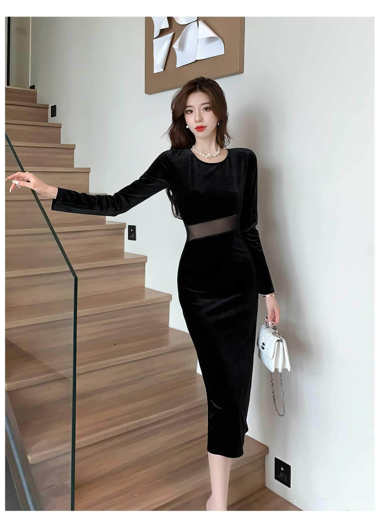 Paneled Long Sleeve Bodycon Midi Dress