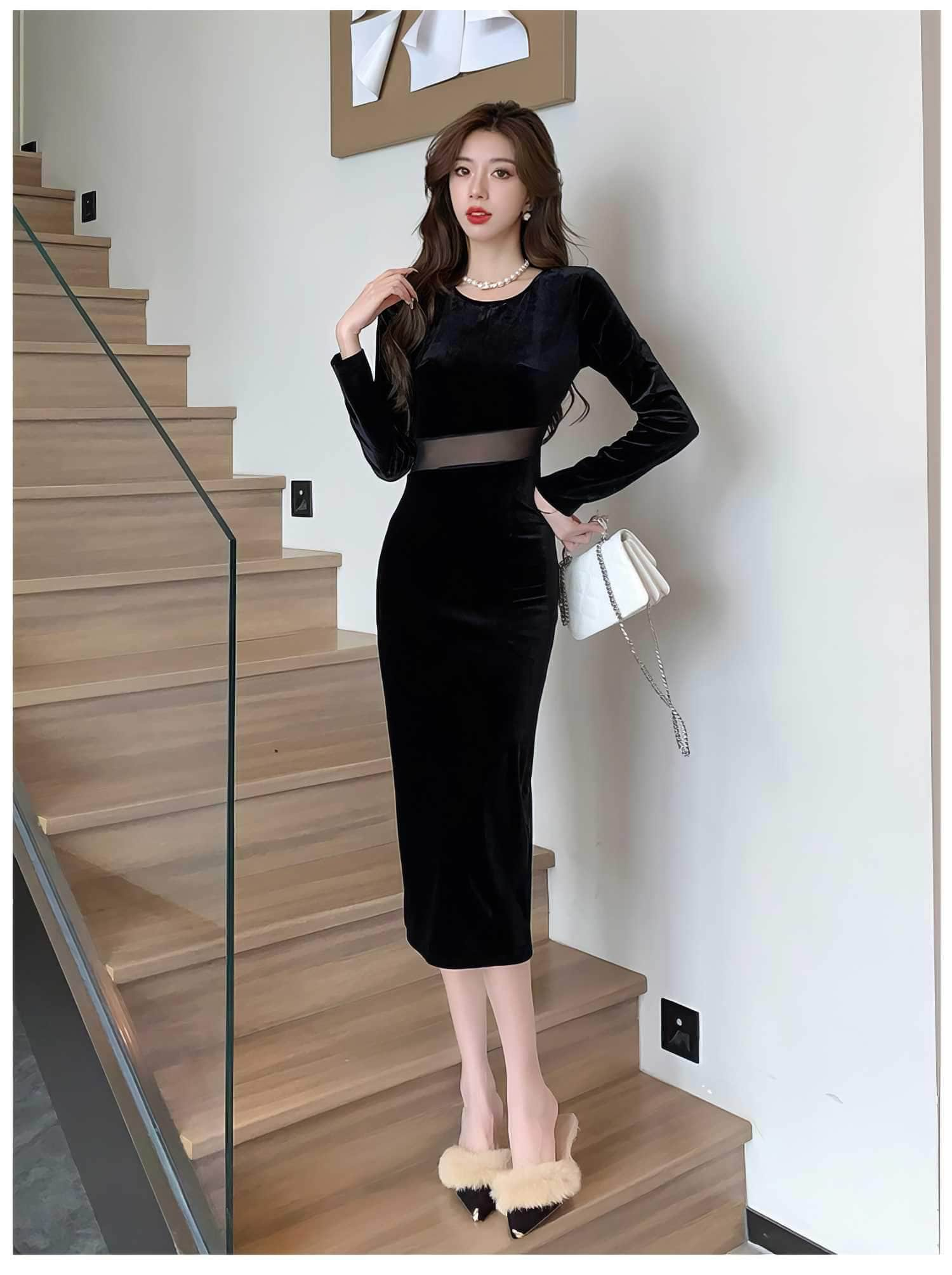 Paneled Long Sleeve Bodycon Midi Dress