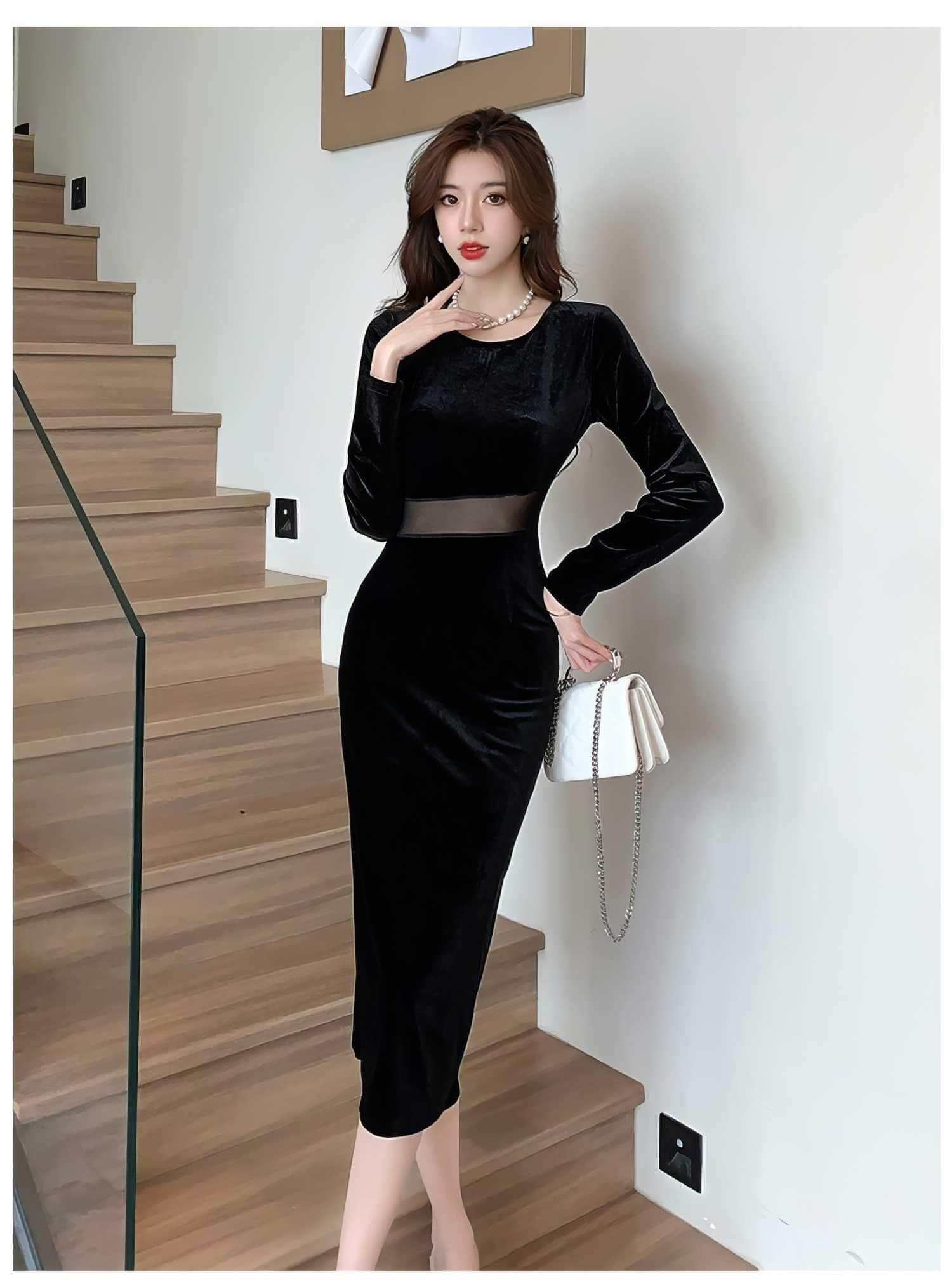 Paneled Long Sleeve Bodycon Midi Dress