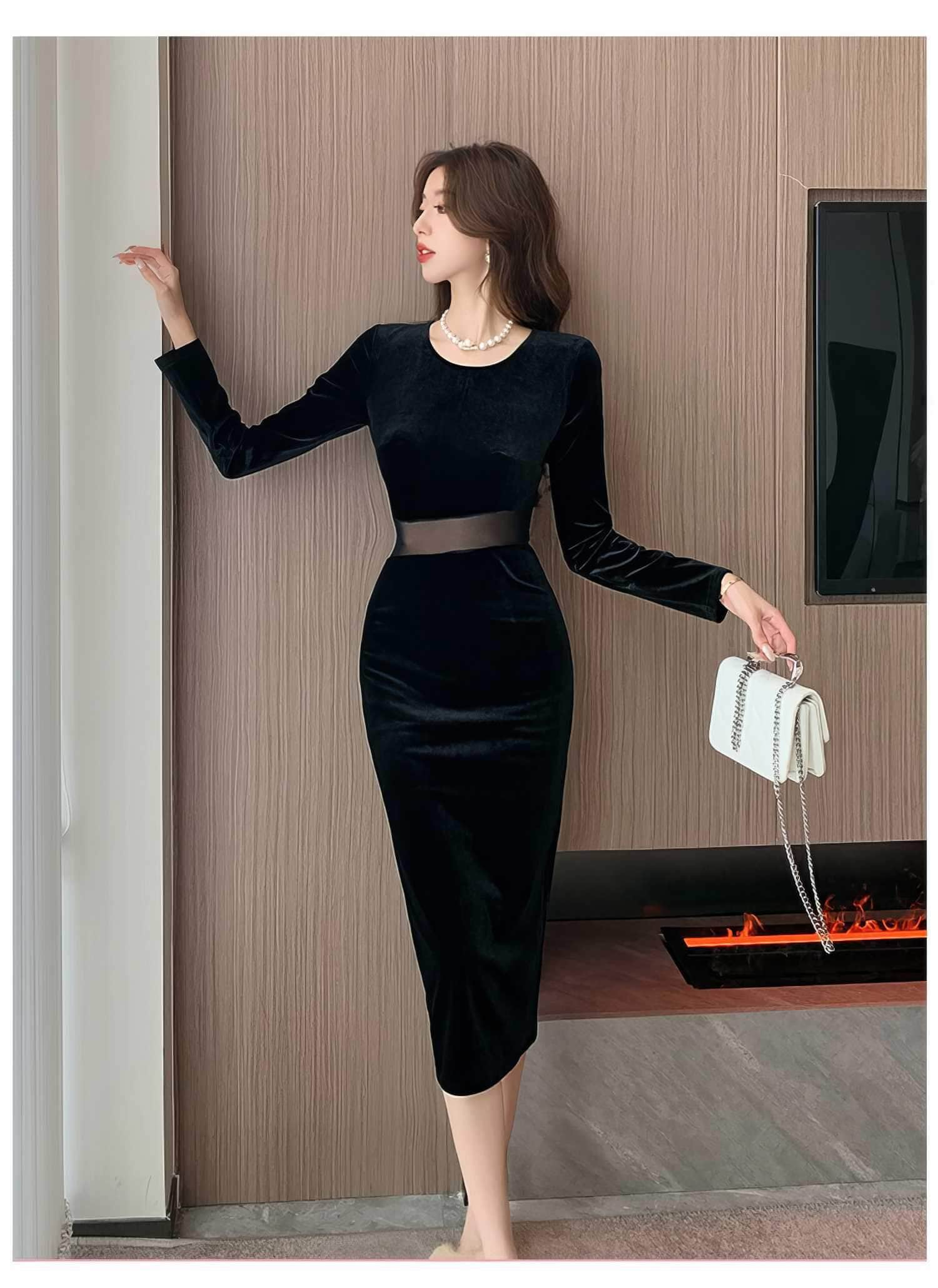 Paneled Long Sleeve Bodycon Midi Dress