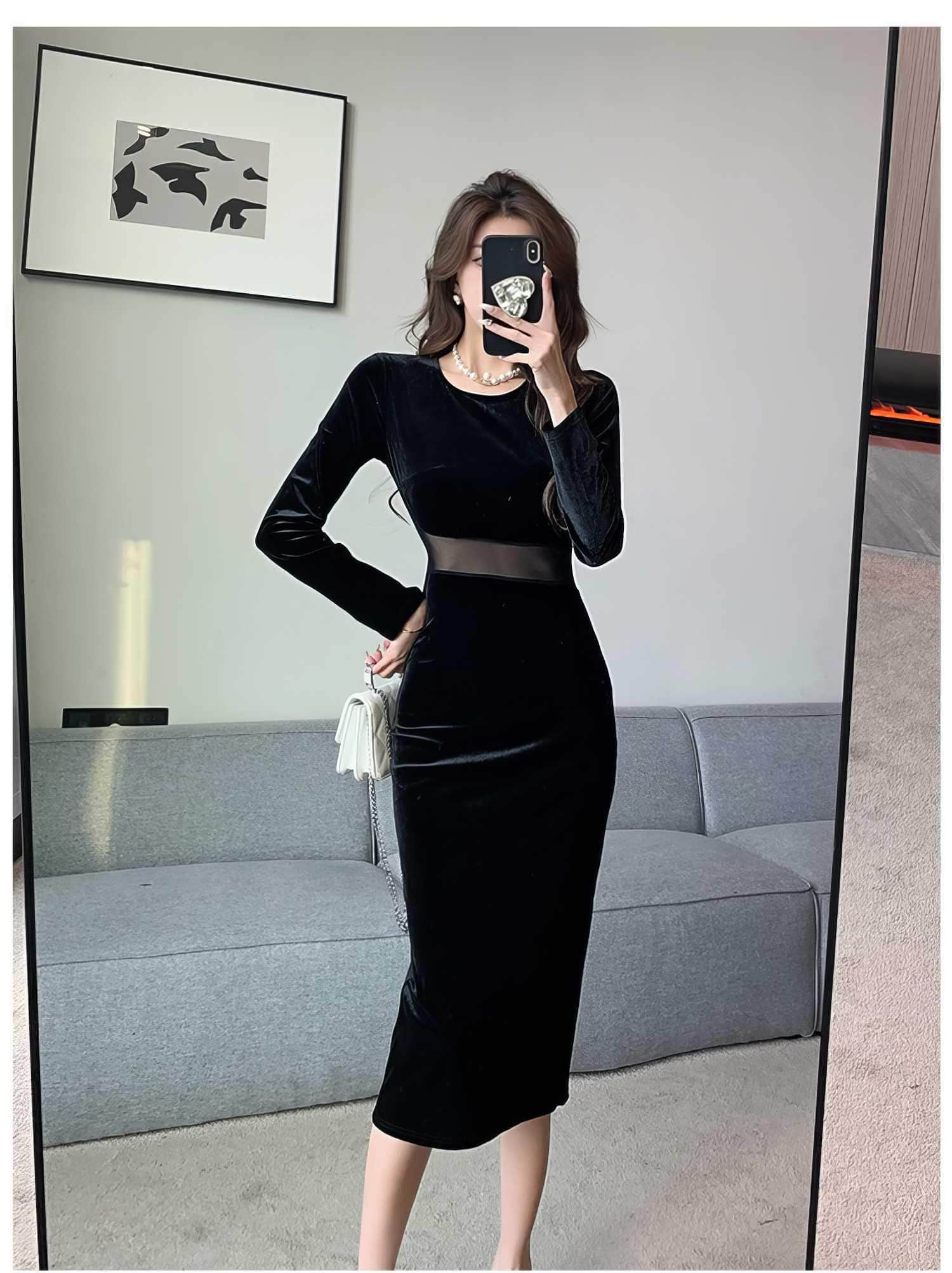 Paneled Long Sleeve Bodycon Midi Dress