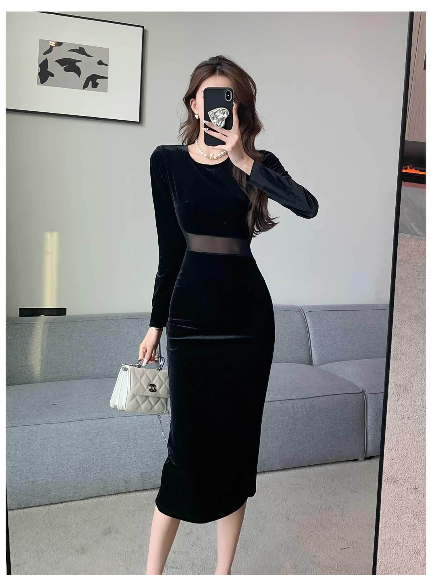 Paneled Long Sleeve Bodycon Midi Dress