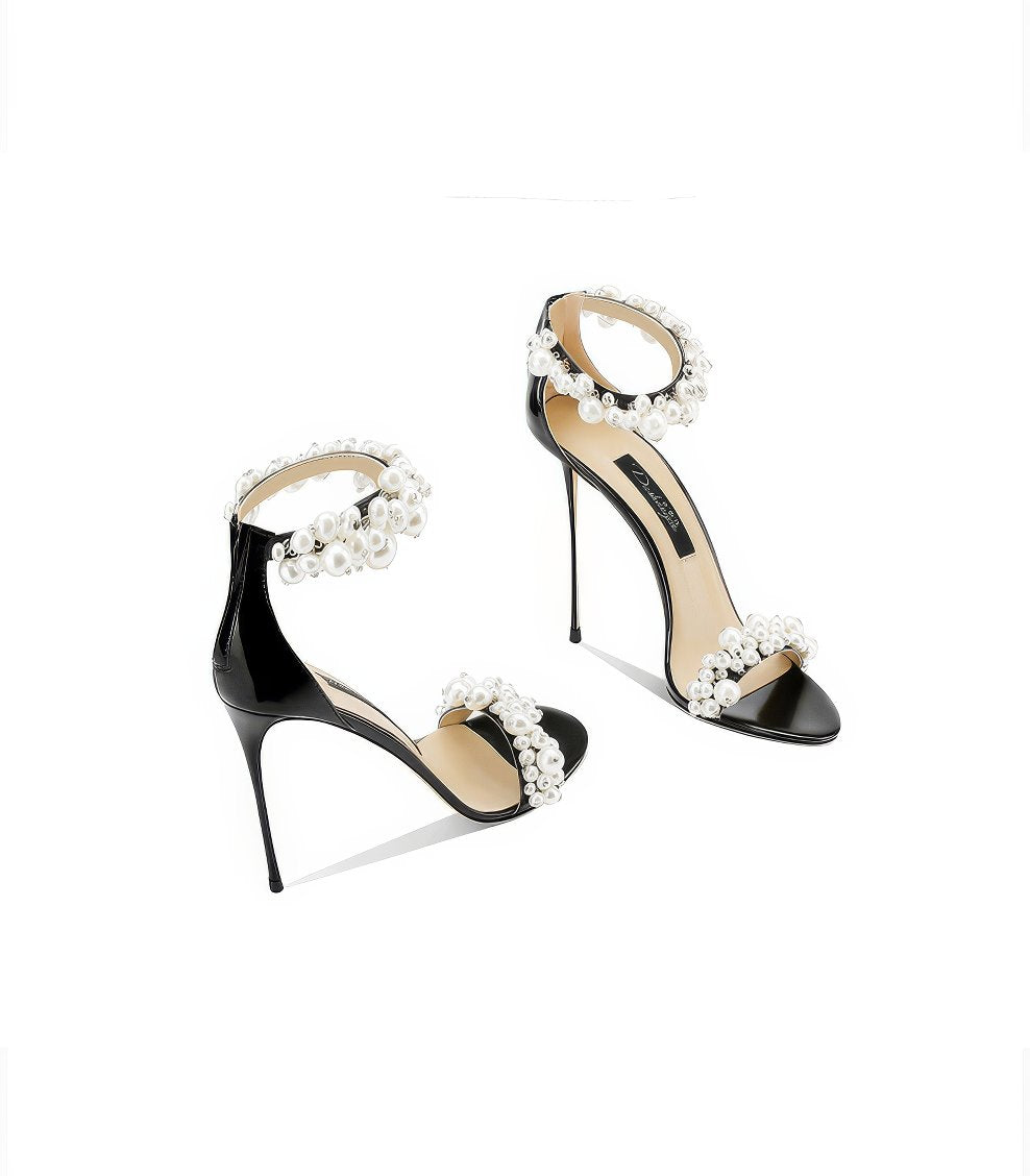 Pearl Decor Open Toe Ankle Strap Heels