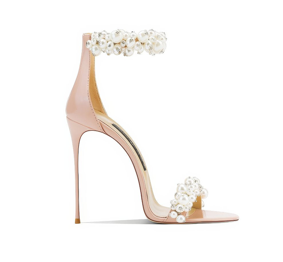 Pearl Decor Open Toe Ankle Strap Heels