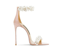 Pearl Decor Open Toe Ankle Strap Heels