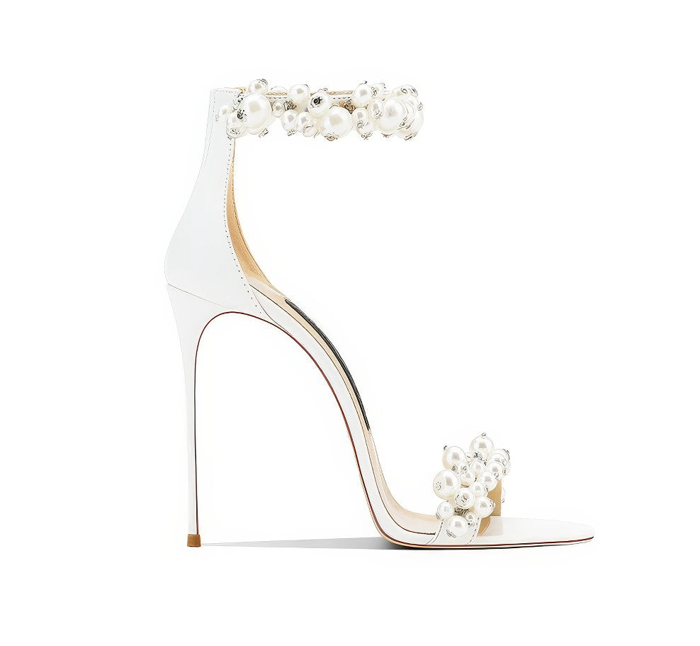 Pearl Decor Open Toe Ankle Strap Heels