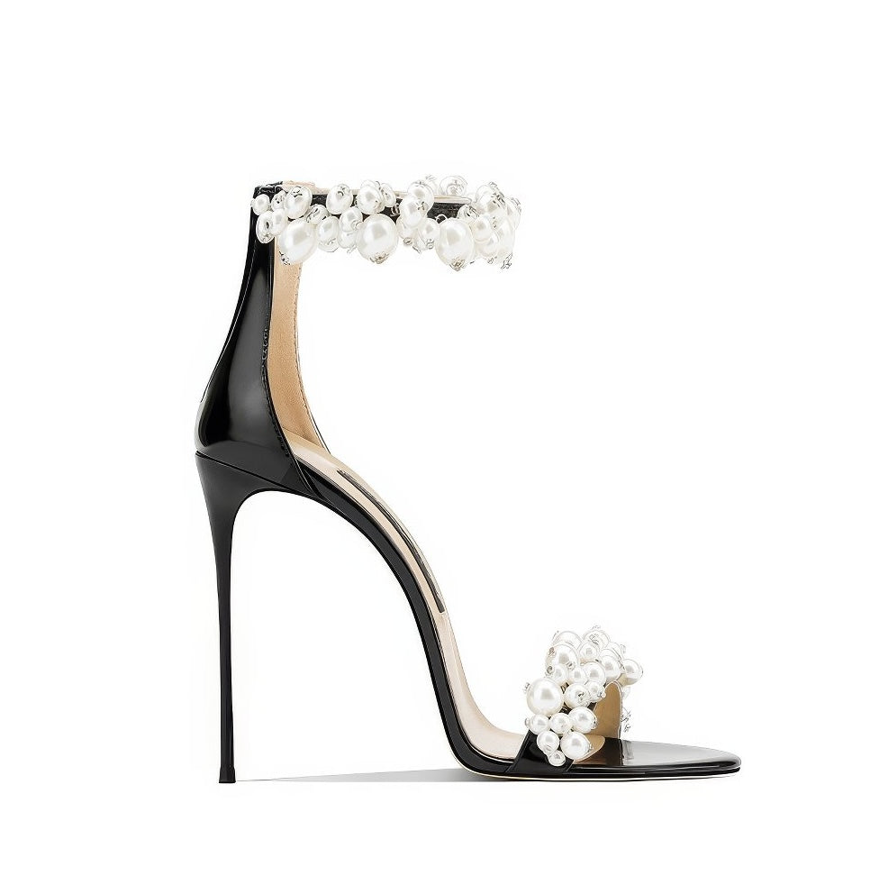 Pearl Decor Open Toe Ankle Strap Heels