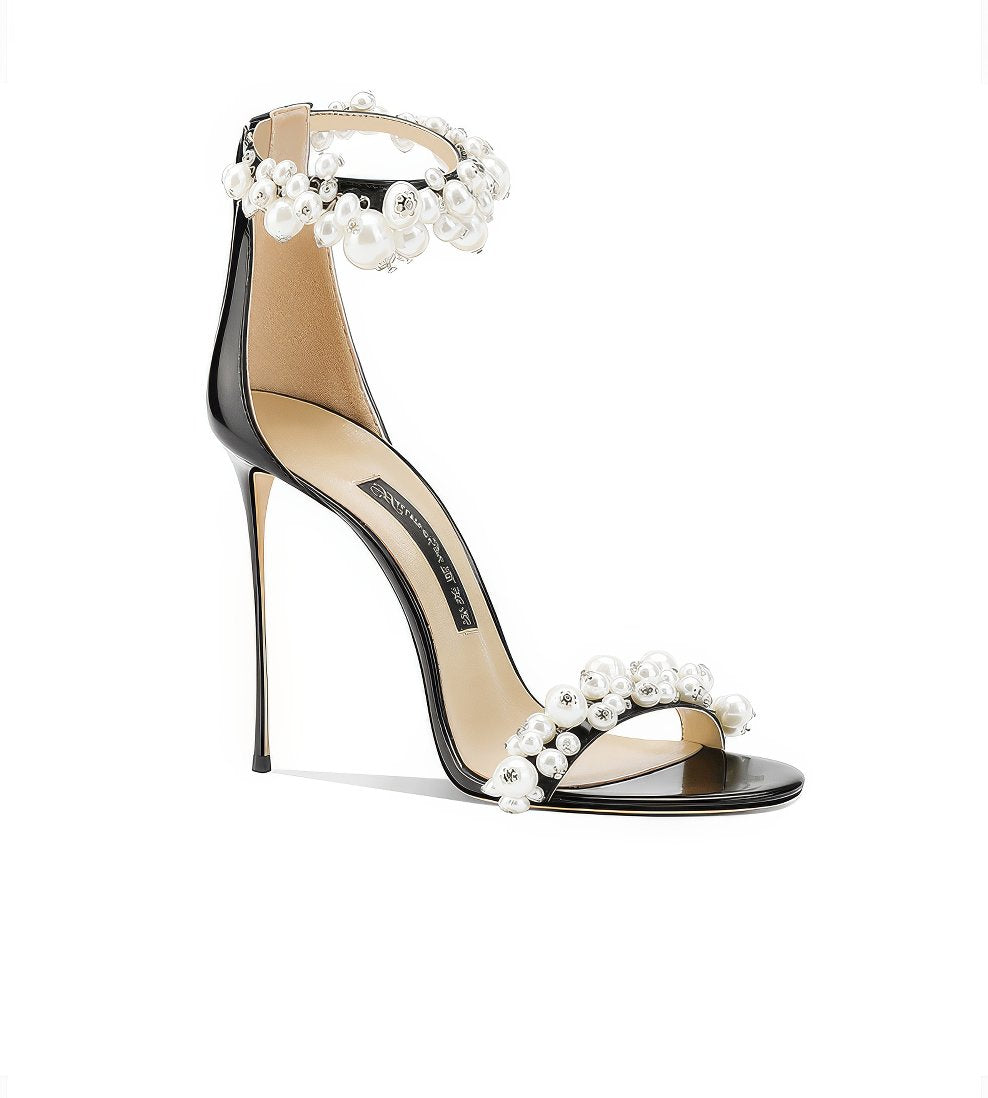 Pearl Decor Open Toe Ankle Strap Heels