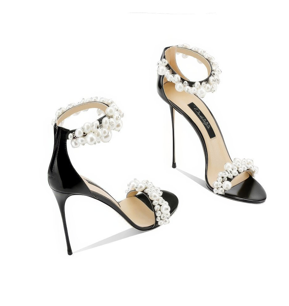 Pearl Decor Open Toe Ankle Strap Heels