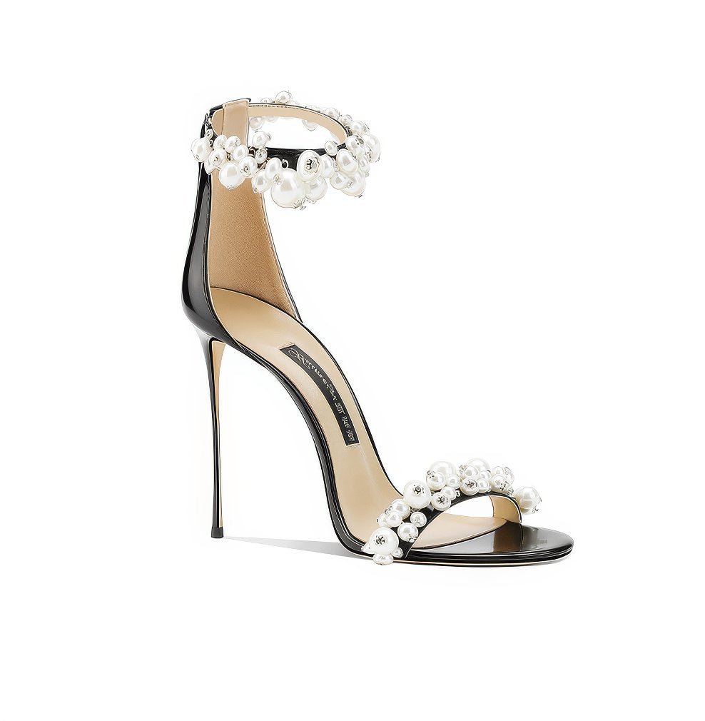 Pearl Decor Open Toe Ankle Strap Heels