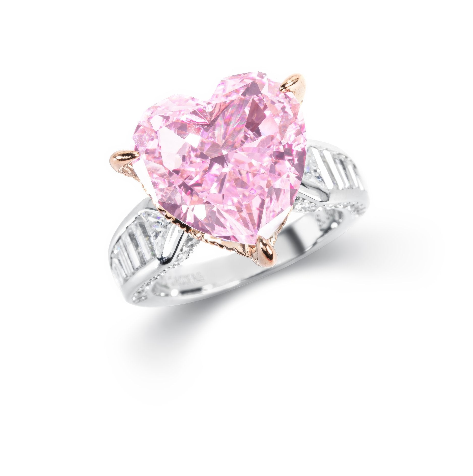 Pink Heart Cut Tapered Baguette Lab Diamond Ring