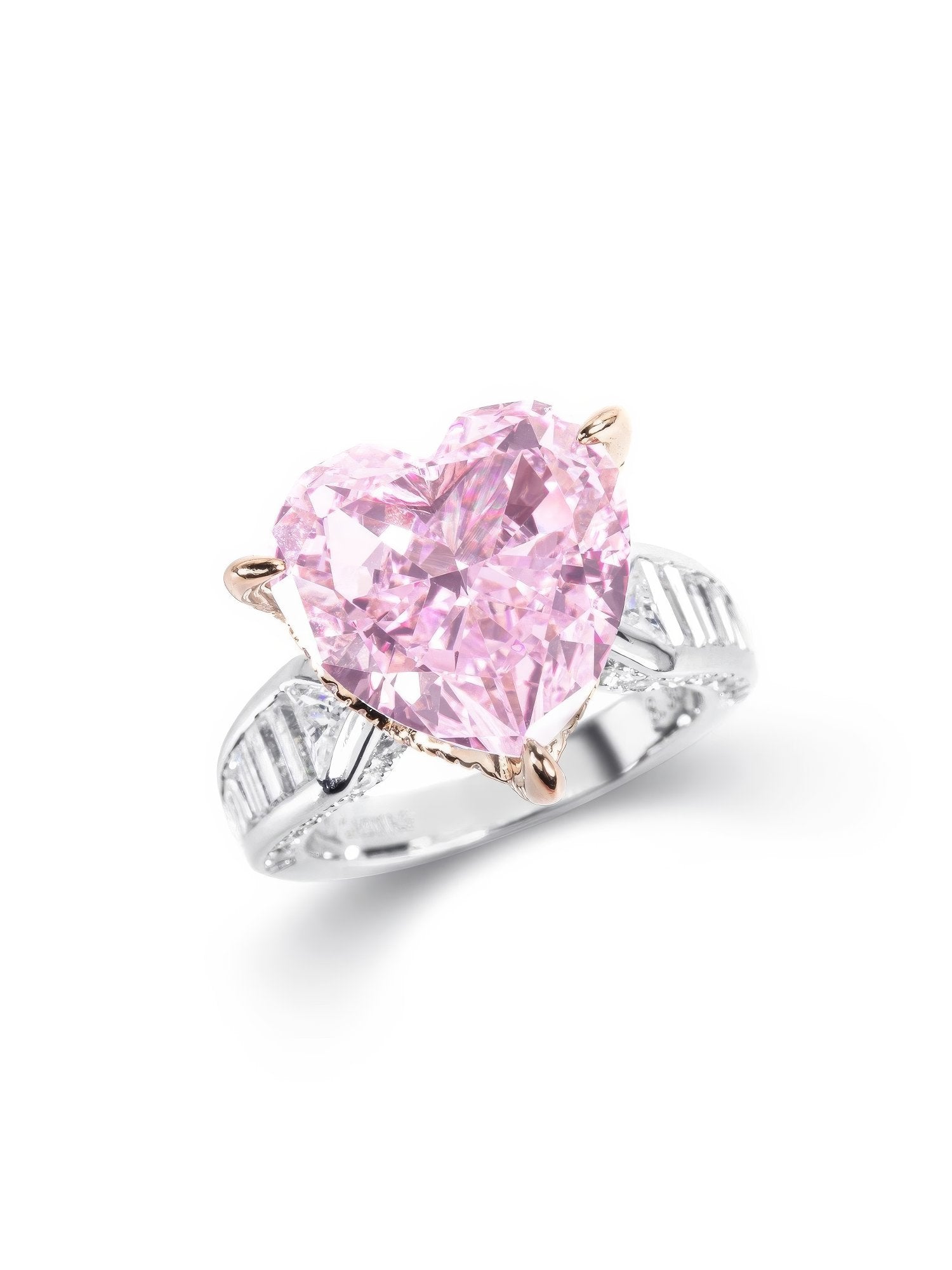 Pink Heart Cut Tapered Baguette Lab Diamond Ring