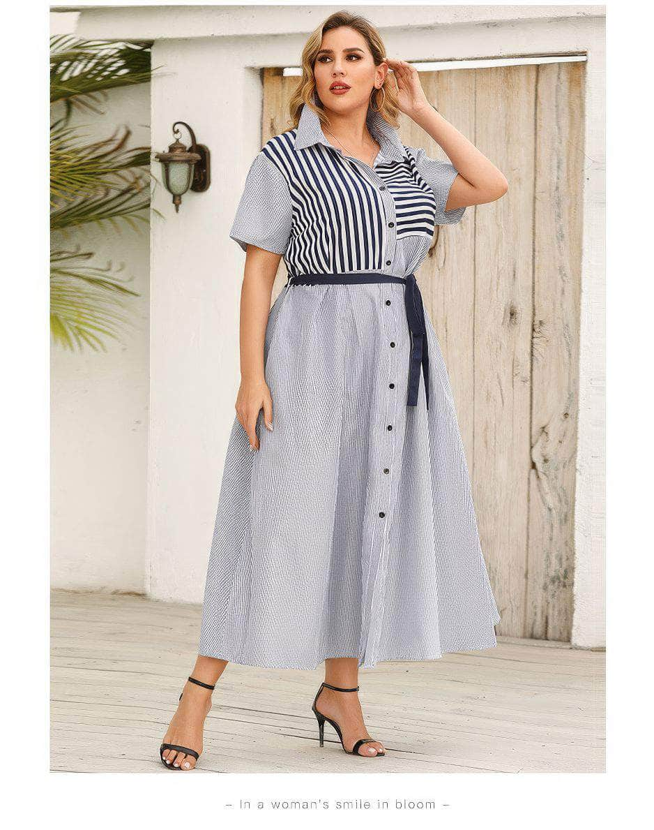 Plus Size Collared Striped Belted Dress