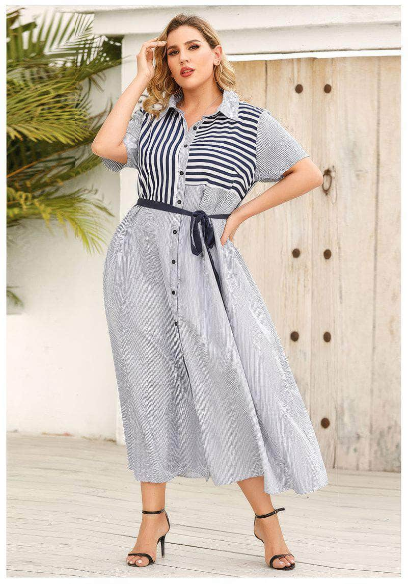 Plus Size Collared Striped Belted Dress