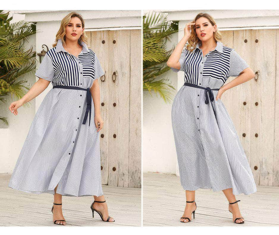 Plus Size Collared Striped Belted Dress