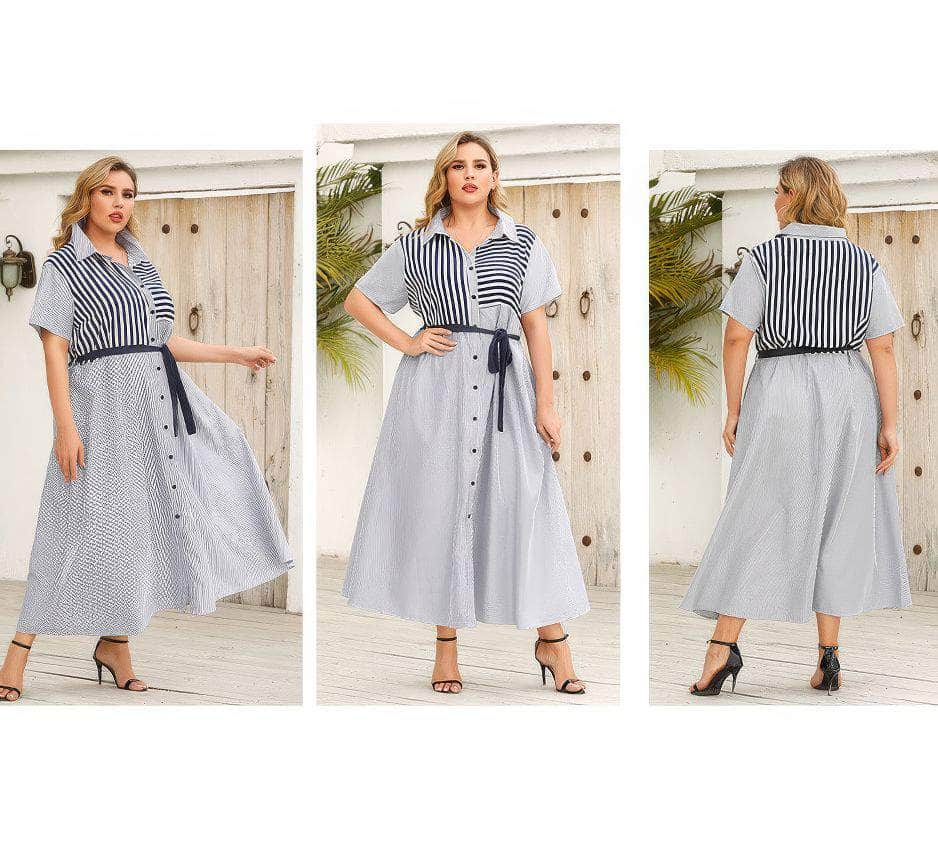Plus Size Collared Striped Belted Dress