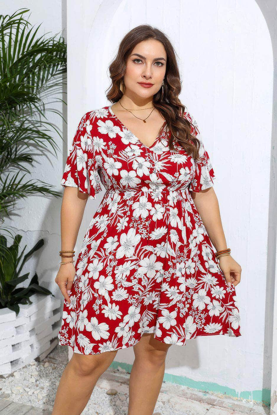 Plus Size Floral Print V Neck Flared Sleeves Dress