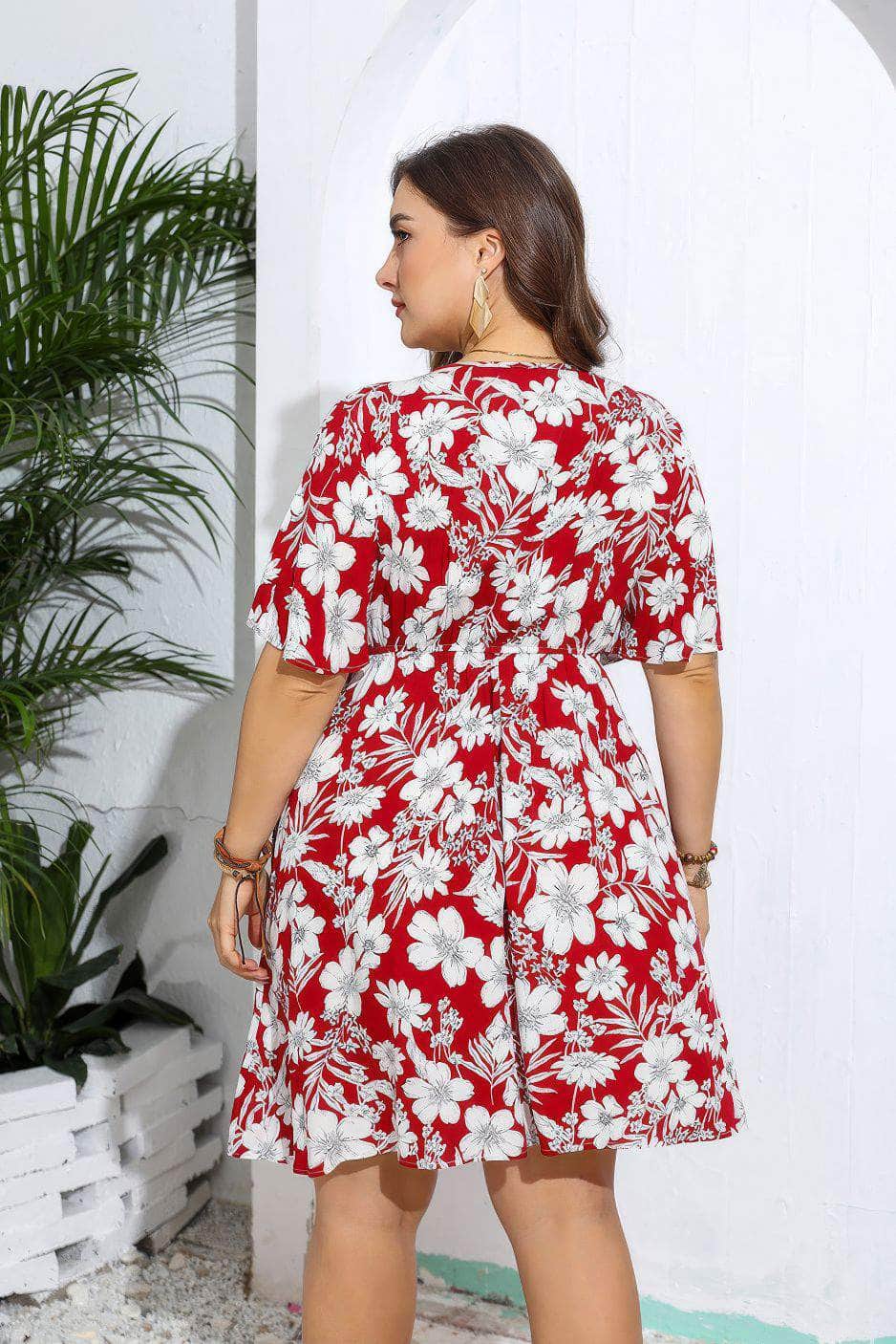 Plus Size Floral Print V Neck Flared Sleeves Dress
