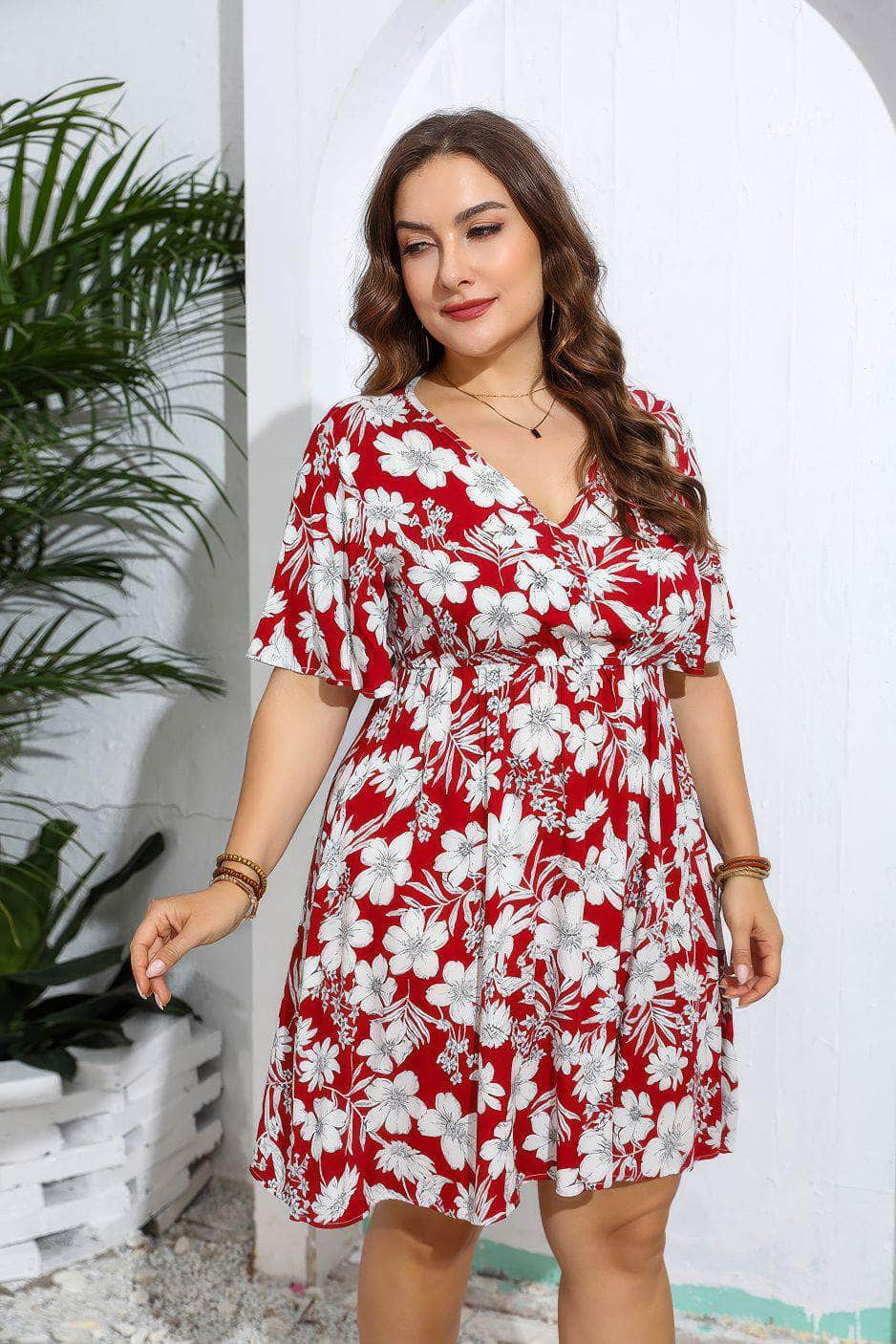 Plus Size Floral Print V Neck Flared Sleeves Dress