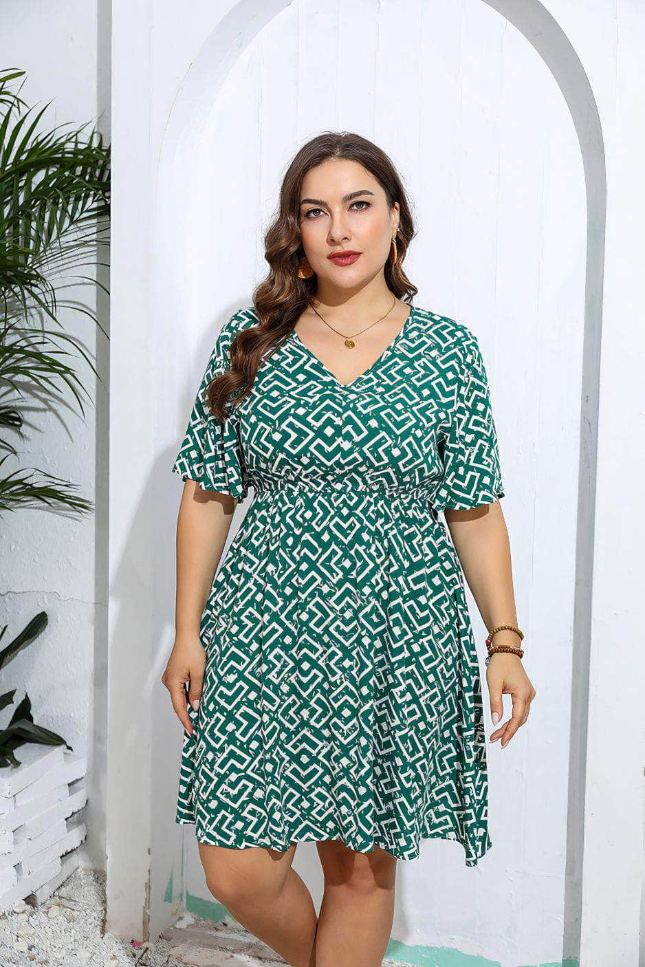 Plus Size Geometric Print V Neck Flared Sleeves Dress