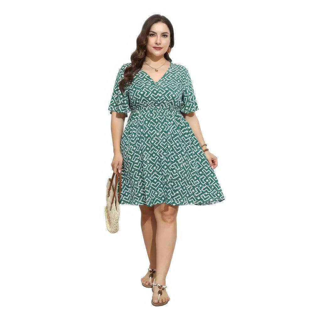 Plus Size Geometric Print V Neck Flared Sleeves Dress