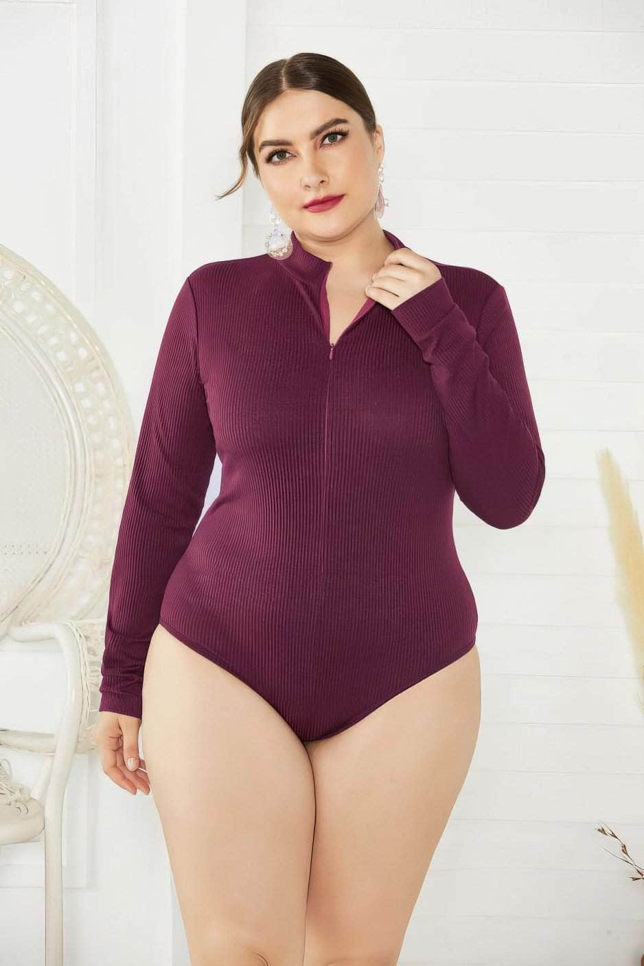 Plus Size Long Sleeves Rib Knitted Turtle Neck Bodysuit