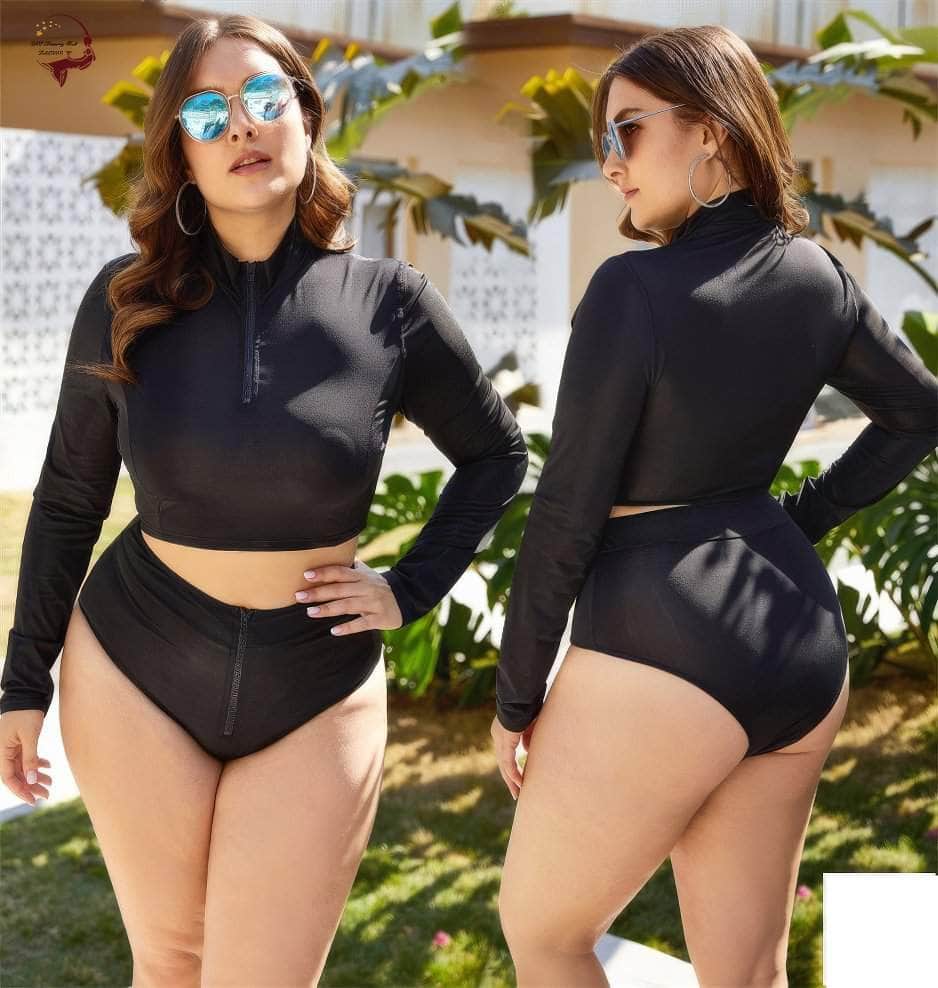 Plus Size Two-Piece Long Sleeves Zipper-Up Collared Swimsuit