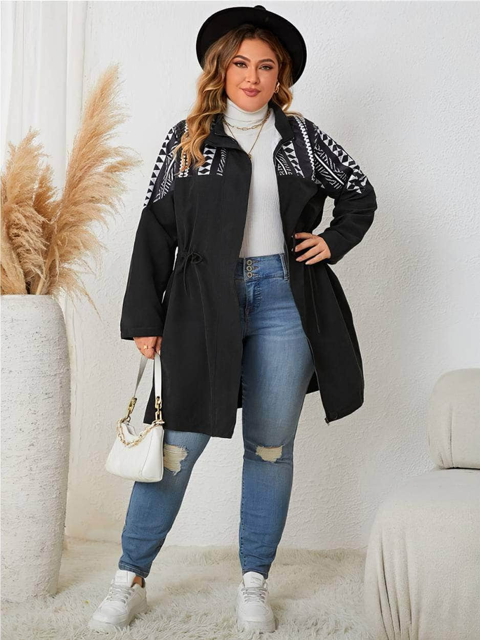 Plus Size Geometric Print Drawstring Waist Trench Coat