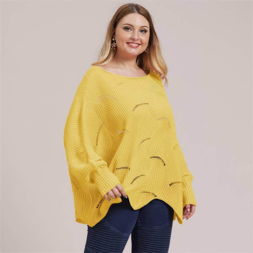 Plus Size Lantern Sleeves Rib Knot Hollow Loose Sweater