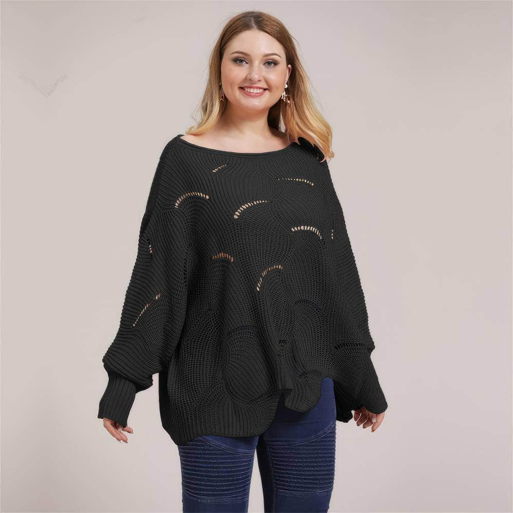 Plus Size Lantern Sleeves Rib Knot Hollow Loose Sweater