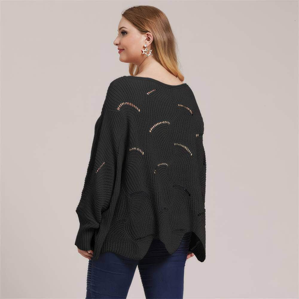 Plus Size Lantern Sleeves Rib Knot Hollow Loose Sweater