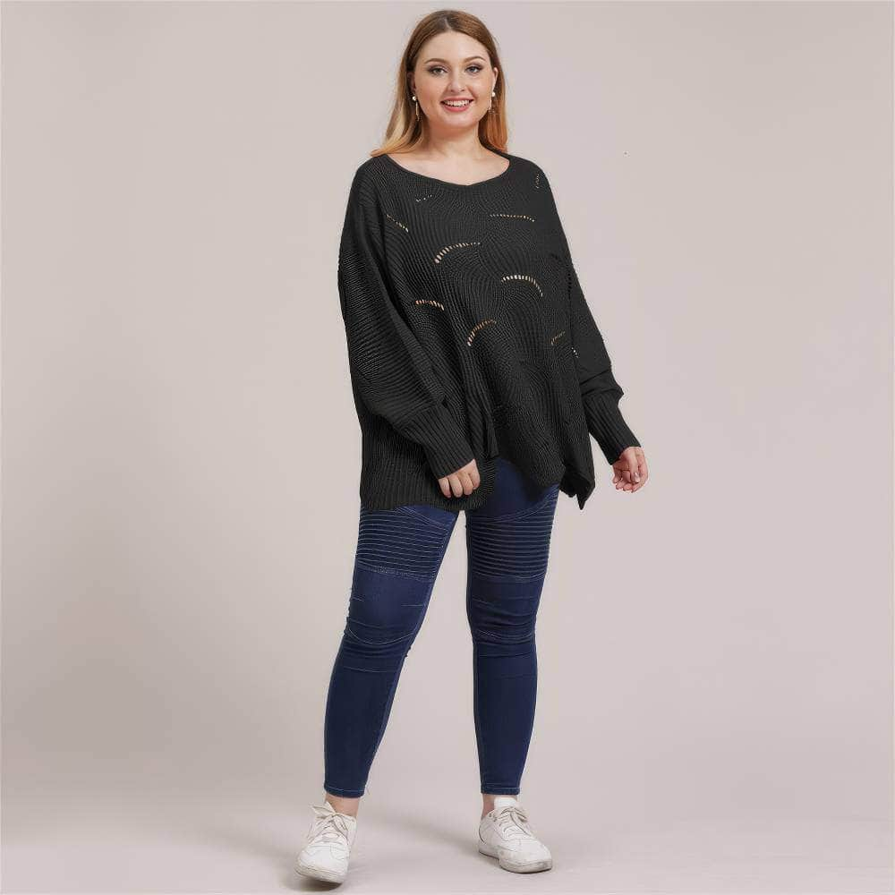 Plus Size Lantern Sleeves Rib Knot Hollow Loose Sweater