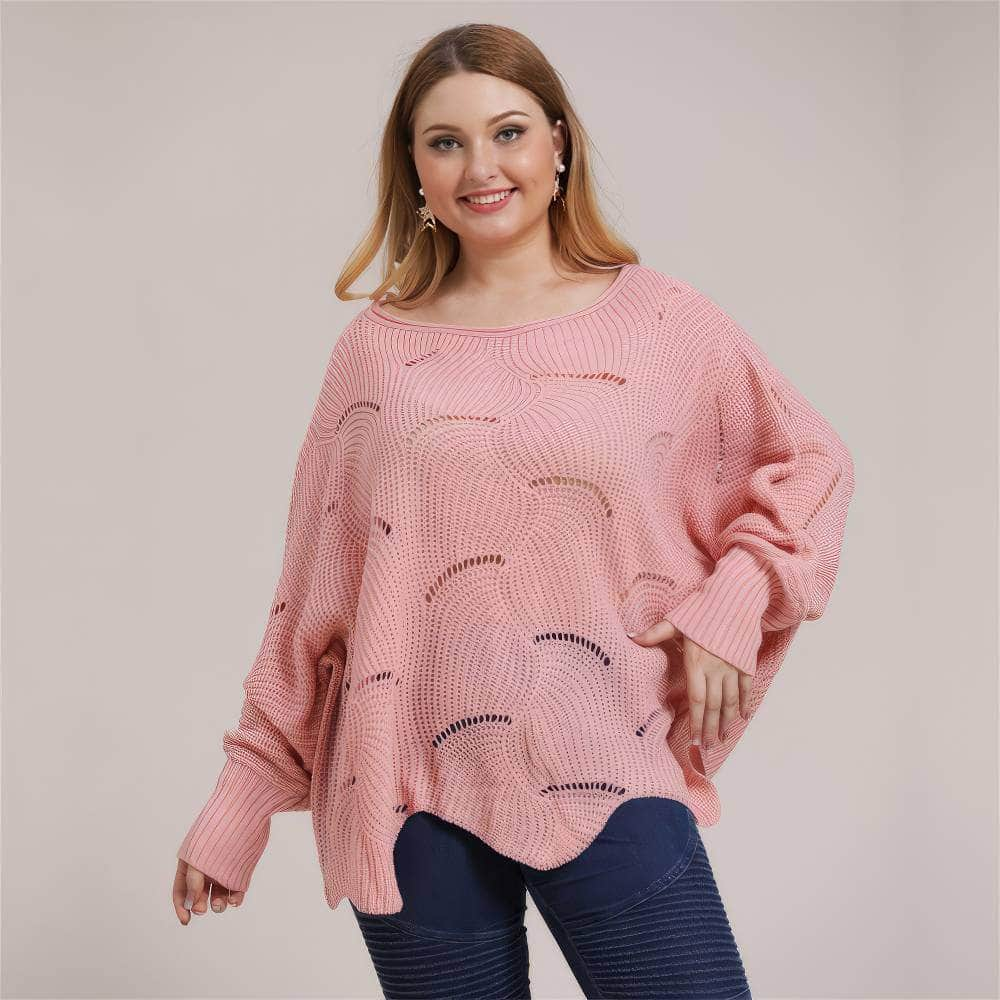 Plus Size Lantern Sleeves Rib Knot Hollow Loose Sweater