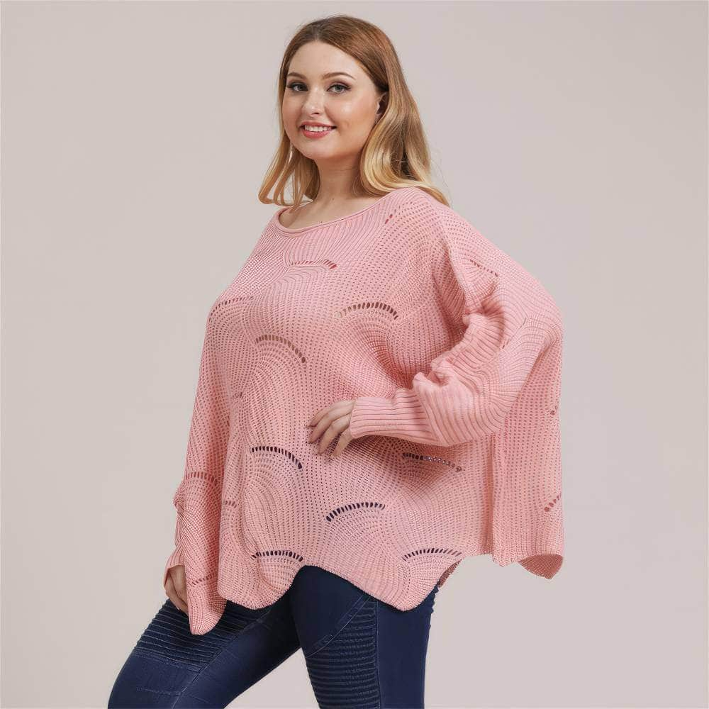 Plus Size Lantern Sleeves Rib Knot Hollow Loose Sweater