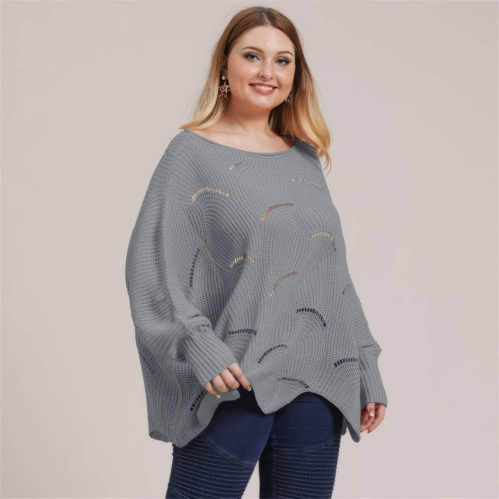 Plus Size Lantern Sleeves Rib Knot Hollow Loose Sweater