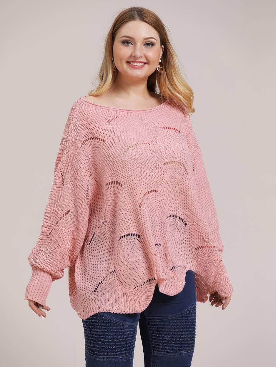 Plus Size Lantern Sleeves Rib Knot Hollow Loose Sweater