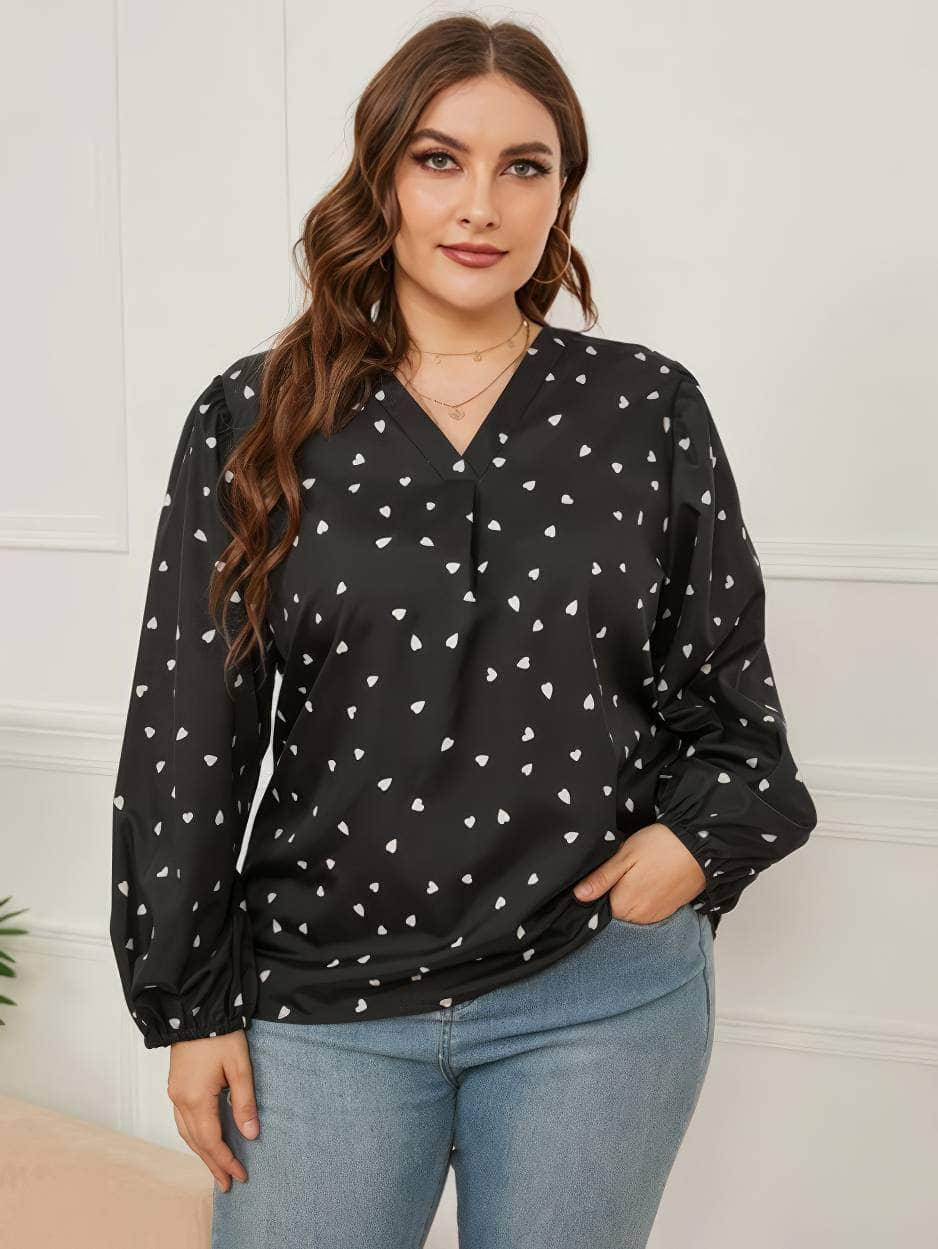 Plus Size Lantern Sleeves V-neck Polka Dot Blouse