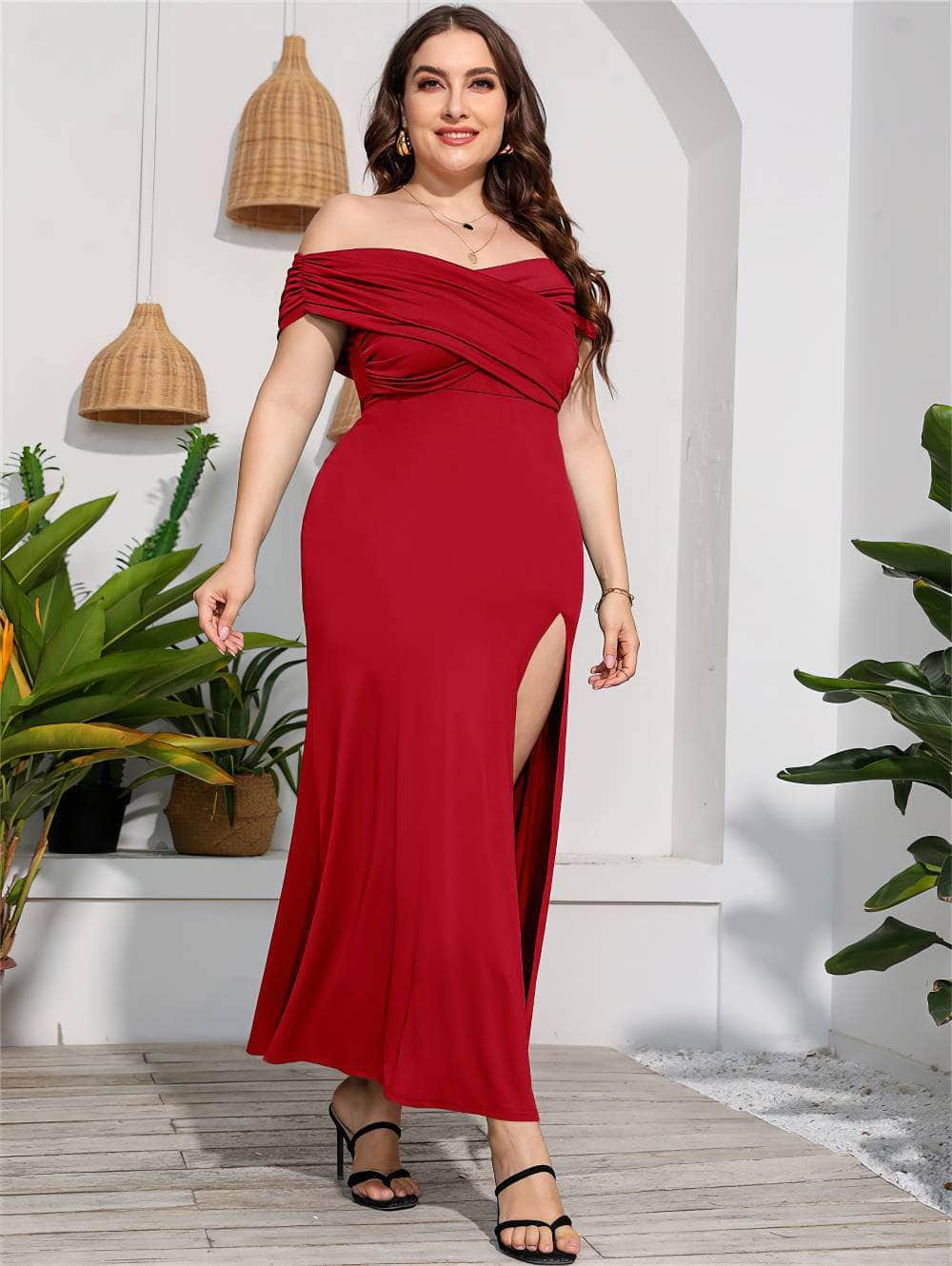 Plus Size Ruffled Off-Shoulder High Waist Side Slit Dress