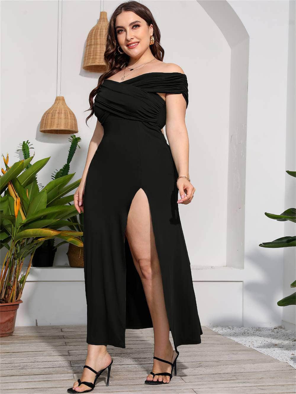 Plus Size Ruffled Off-Shoulder High Waist Side Slit Dress