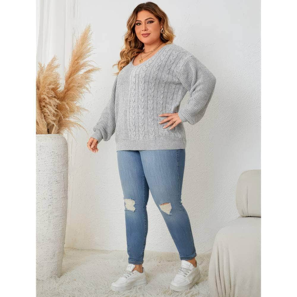 Plus Size V-neck Loose Sweater Rib Knit Top