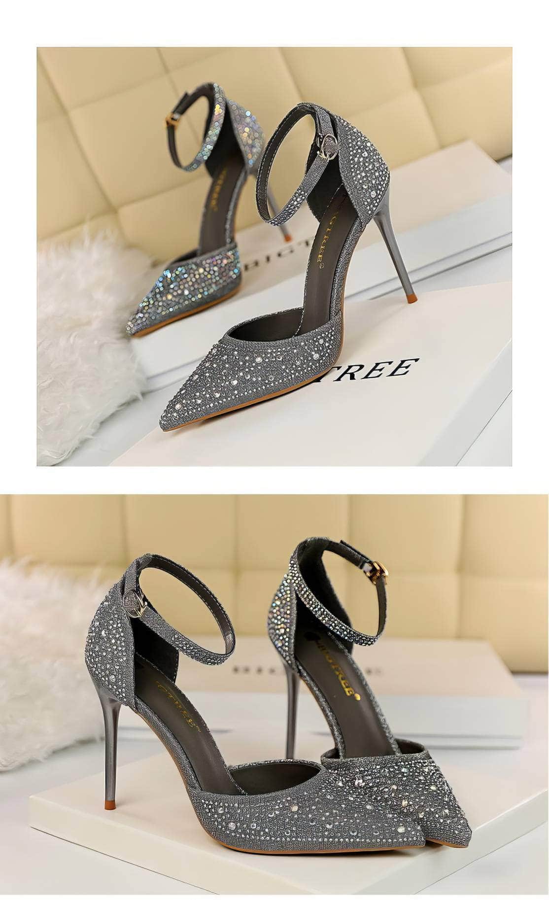 Pointed Toes Crystal Embellished Ankle Strap Stilettos