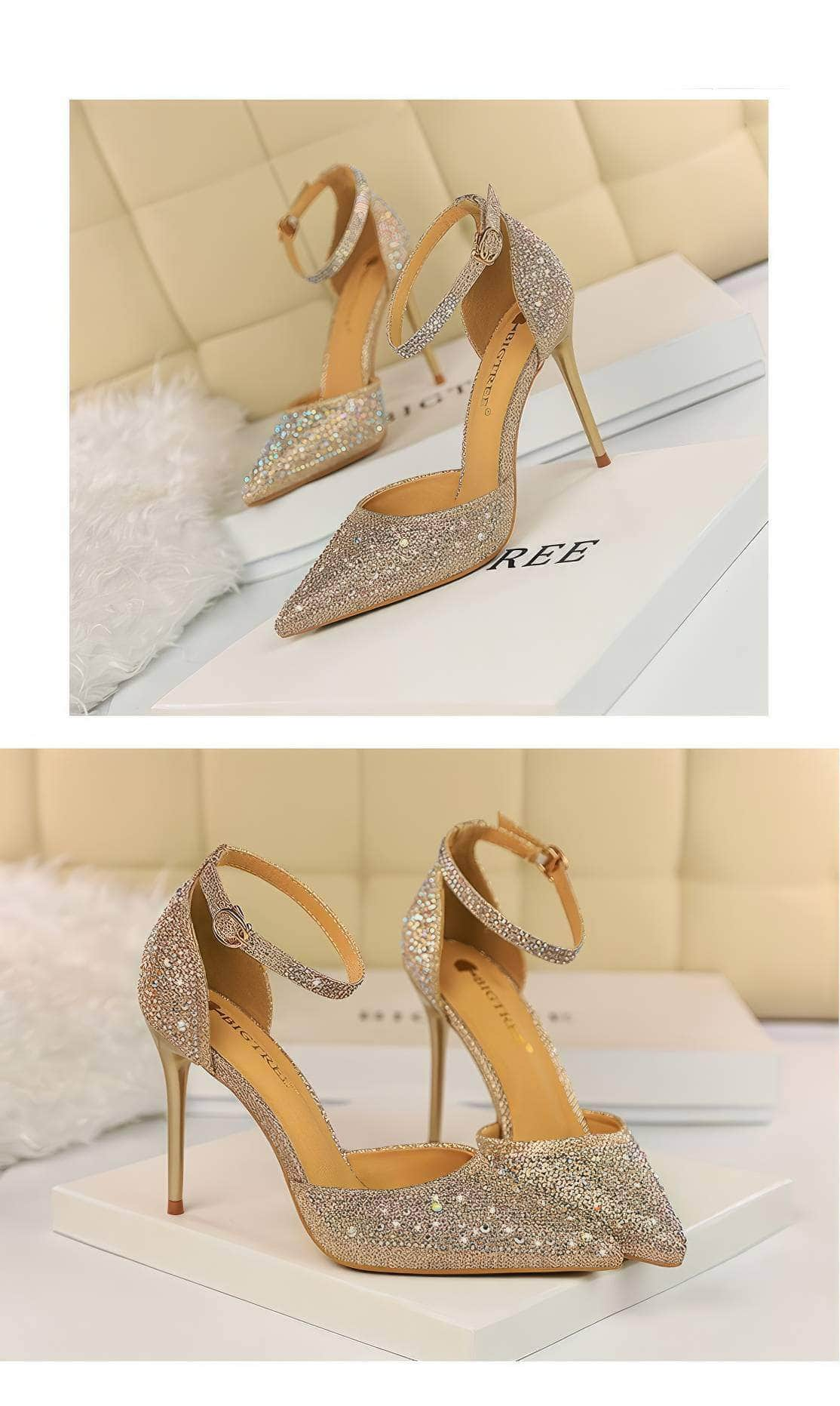 Pointed Toes Crystal Embellished Ankle Strap Stilettos