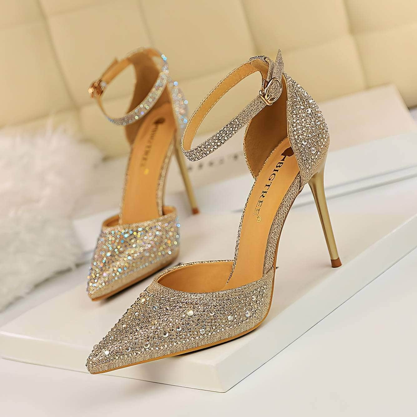 Pointed Toes Crystal Embellished Ankle Strap Stilettos