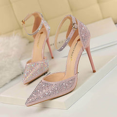 Pointed Toes Crystal Embellished Ankle Strap Stilettos EU 33 / Pink / 10CM