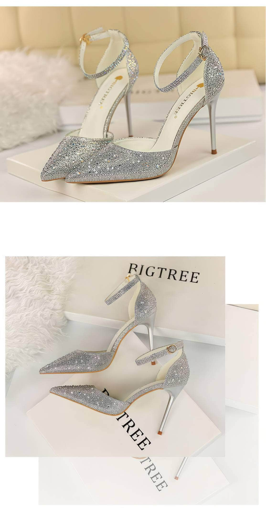 Pointed Toes Crystal Embellished Ankle Strap Stilettos