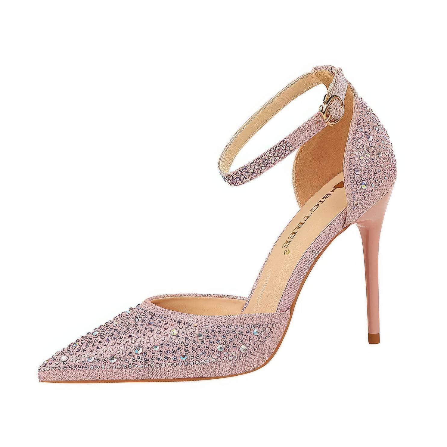 Pointed Toes Crystal Embellished Ankle Strap Stilettos